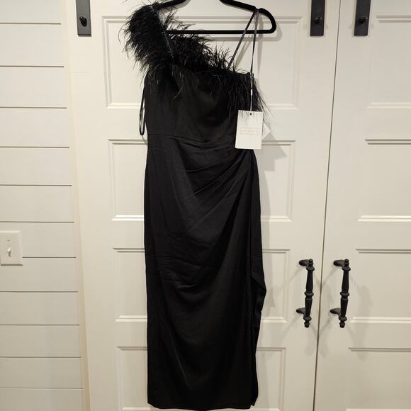 Mac Duggal 68147 Black Feather Trim One Shoulder Sleeveless Midi Dress Size 4 - Picture 2 of 10